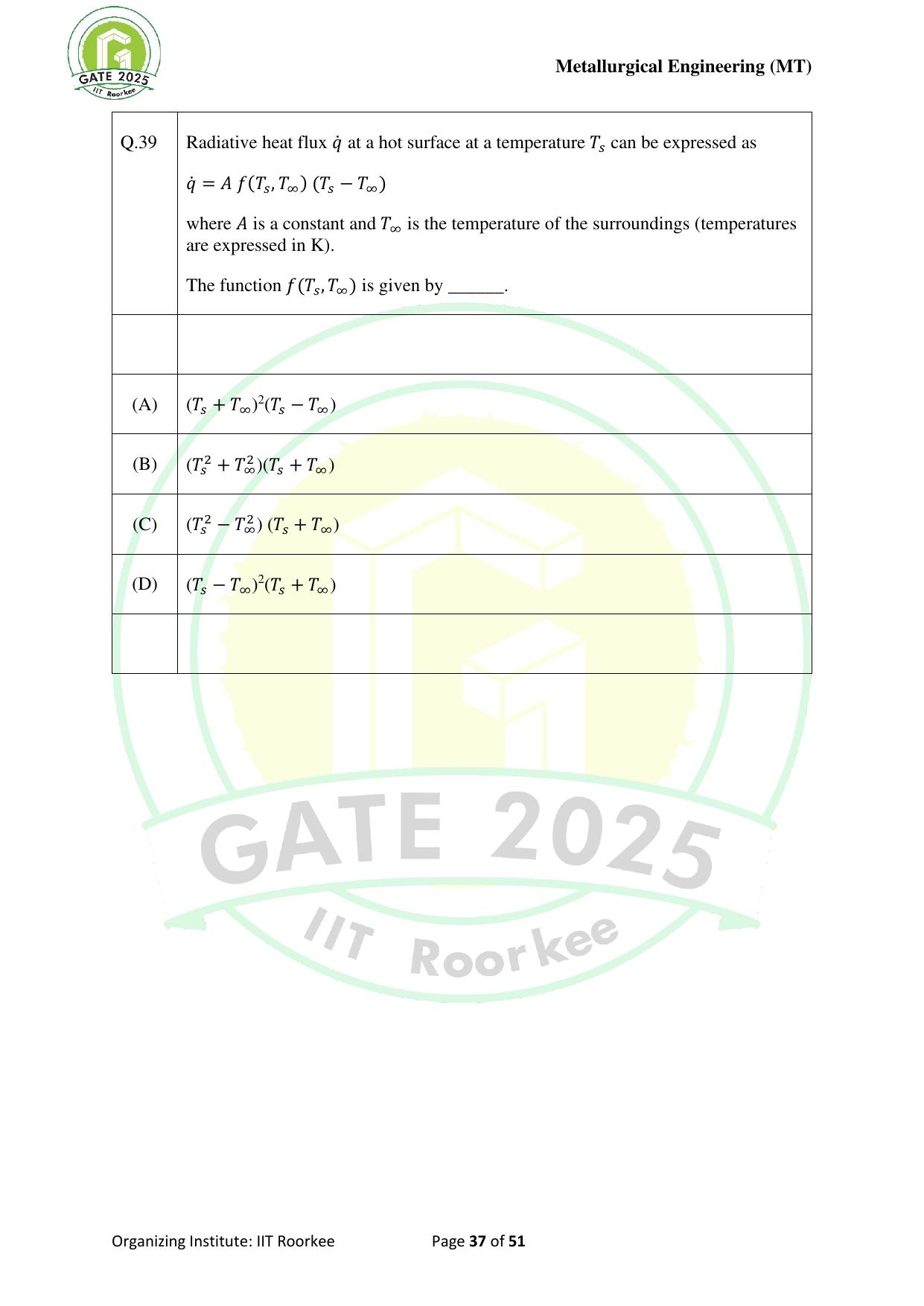 GATE 2025 Metallurgical Engineering (MT) Question Paper - Page 37