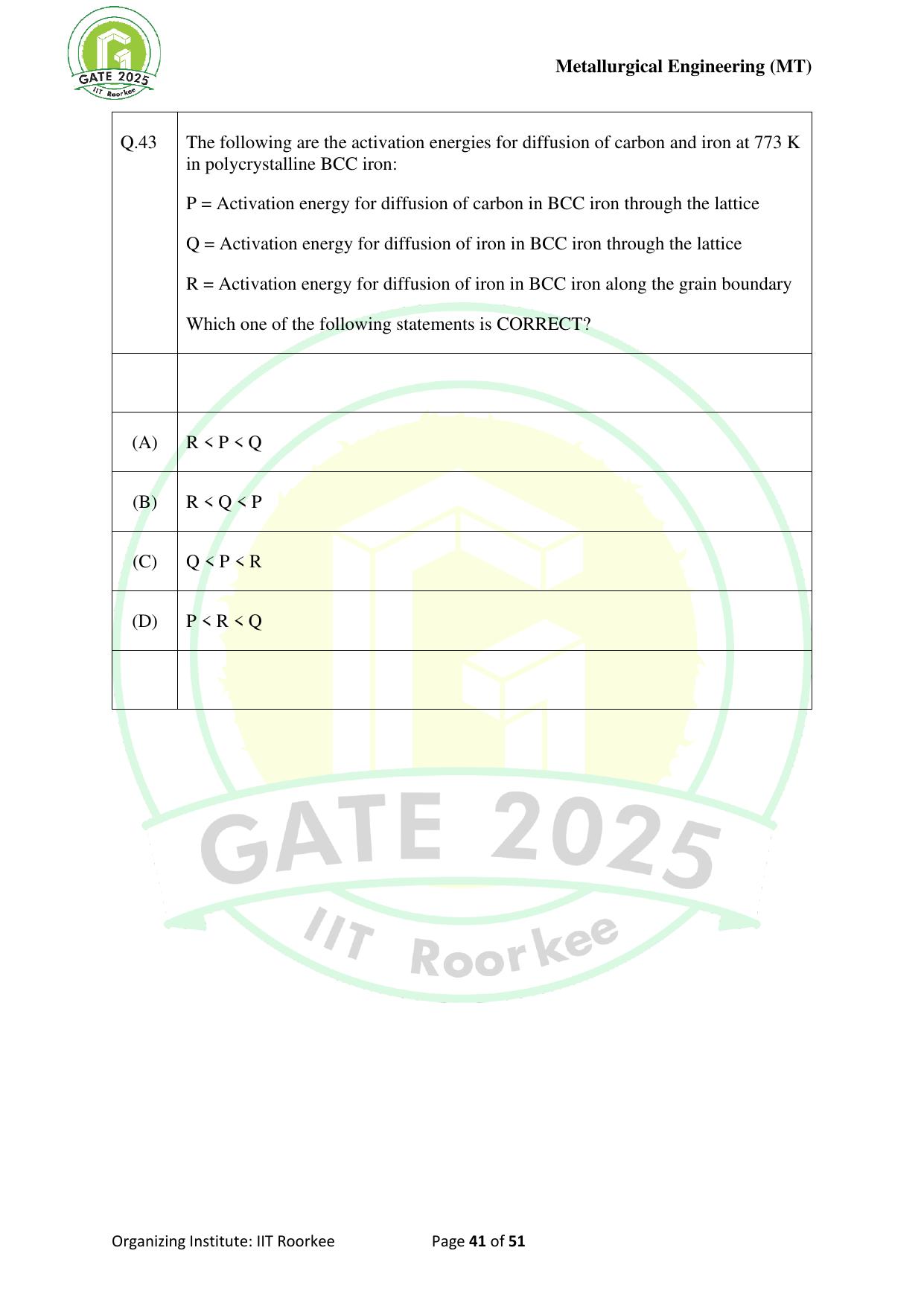 GATE 2025 Metallurgical Engineering (MT) Question Paper - Page 41