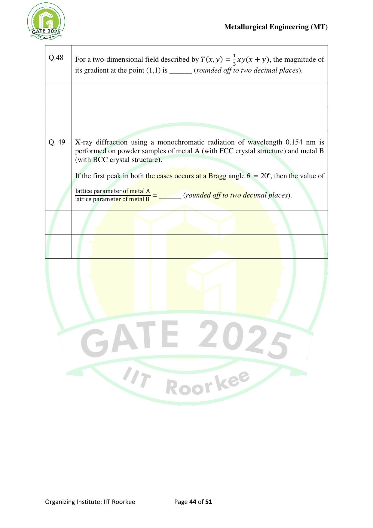 GATE 2025 Metallurgical Engineering (MT) Question Paper - Page 44
