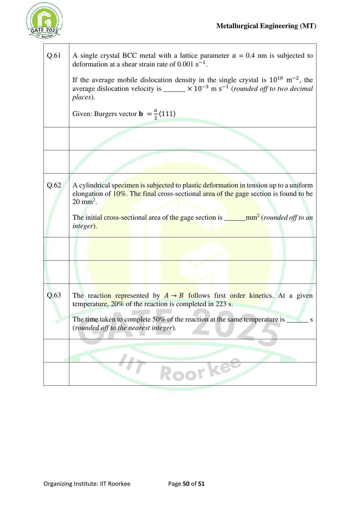 GATE 2025 Metallurgical Engineering (MT) Question Paper - Page 50