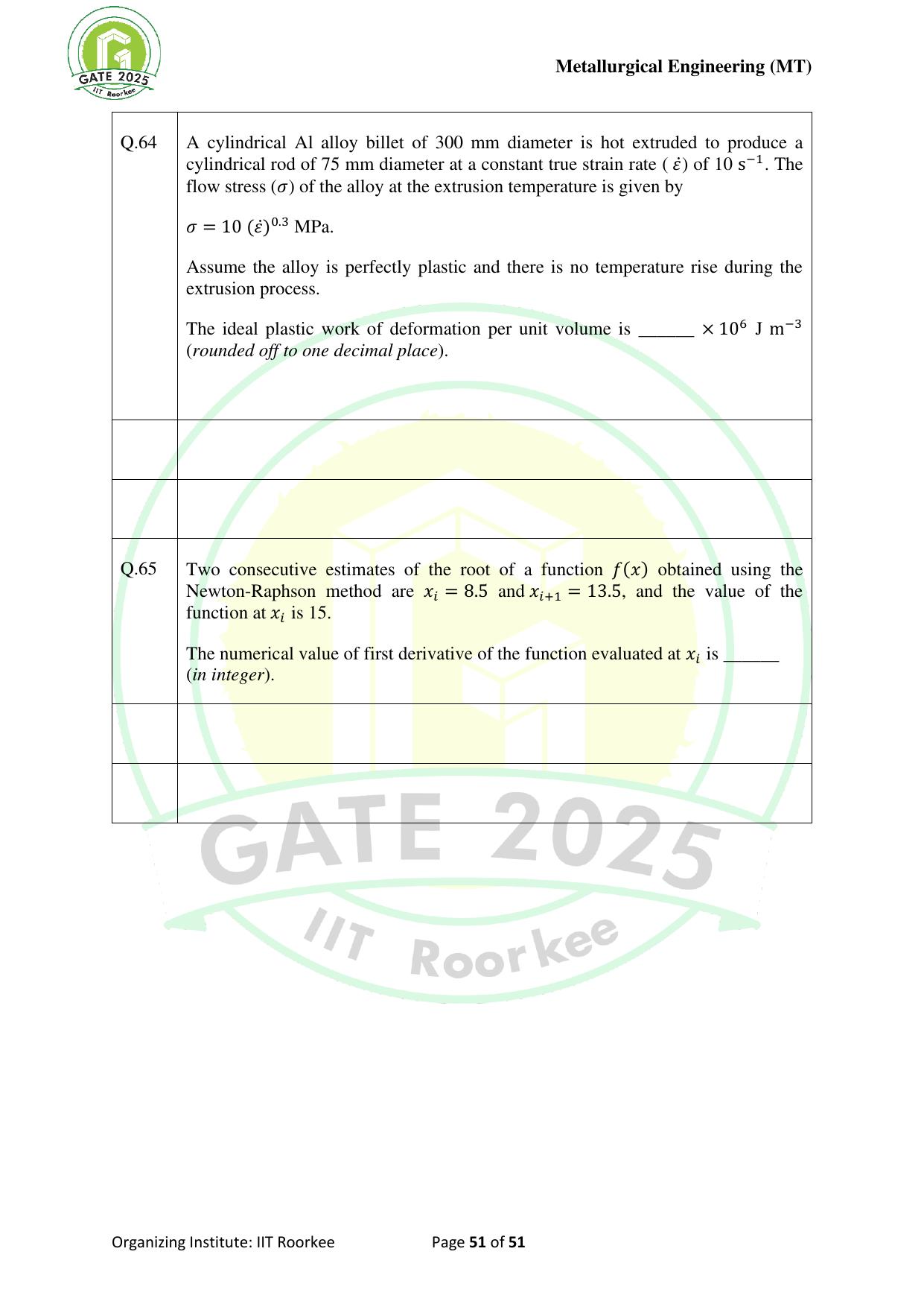 GATE 2025 Metallurgical Engineering (MT) Question Paper - Page 51