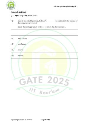 GATE 2025 Metallurgical Engineering (MT) Question Paper