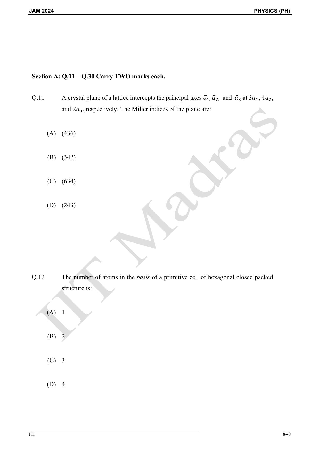 IIT JAM 2024 Physics (PH) Master Question Paper - Page 8