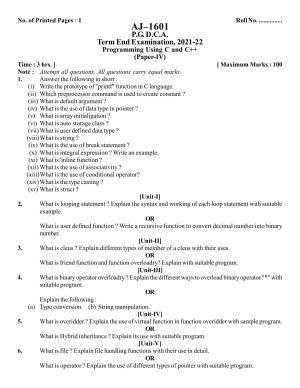 Bilaspur University Question Paper 2021-2022:P.G. Diploma In Computer Applications Programming Using C & C ++ Paper 1