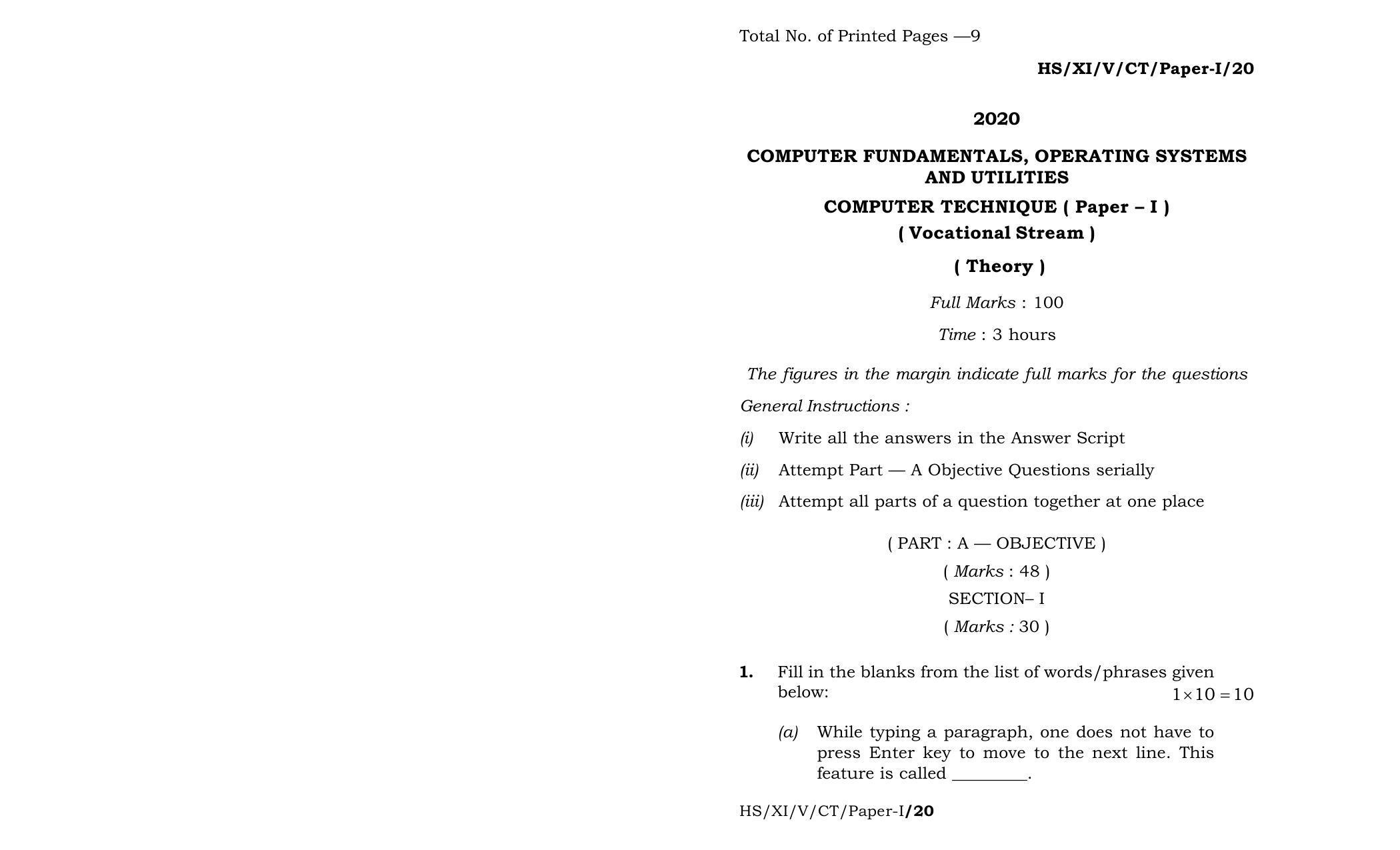 Meghalaya Board (MBOSE) Class 11 Computer Techniqe Paper I 2020 Question Paper - Page 1