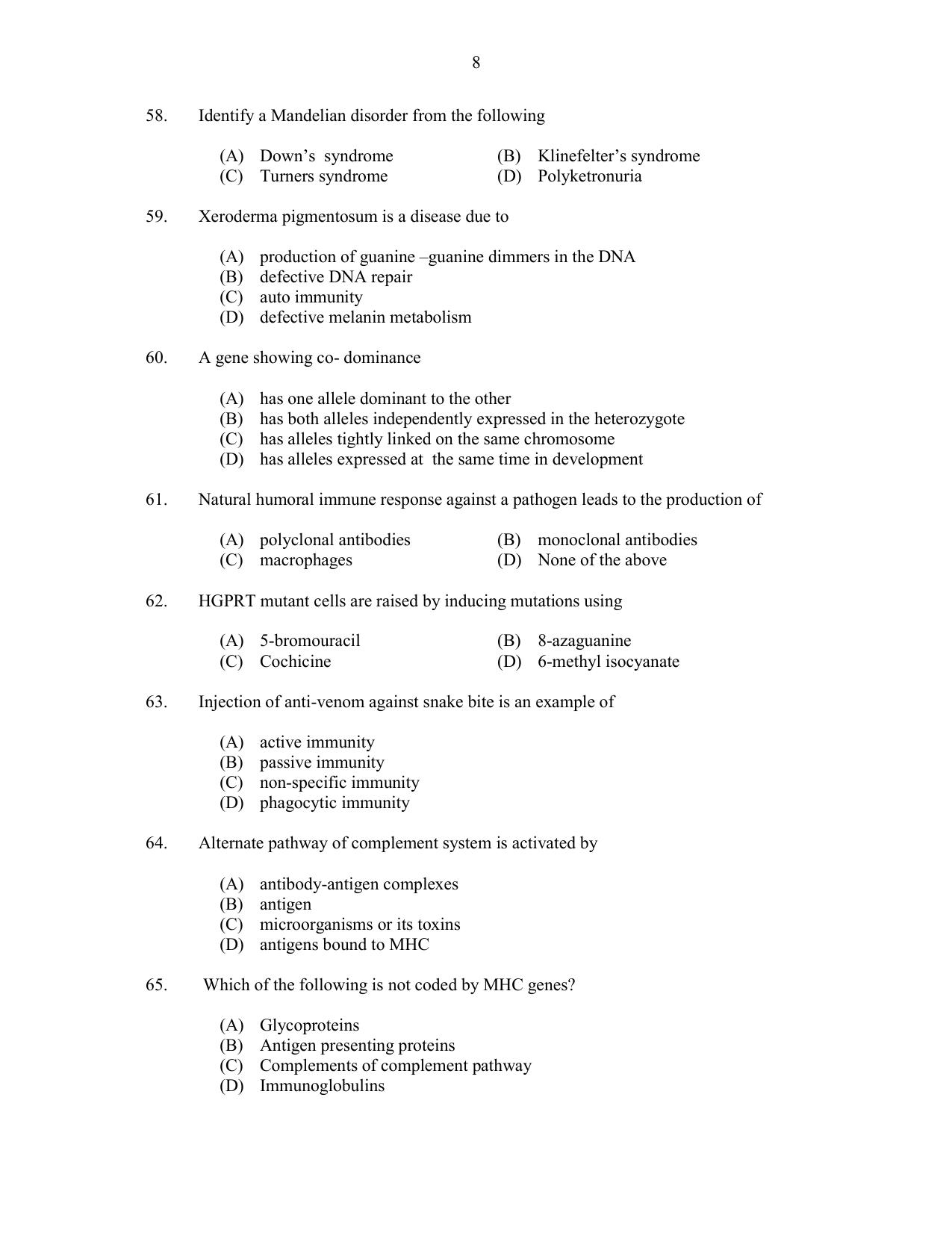 CUSAT CAT 2017 Life Sciences Question Paper - Page 8