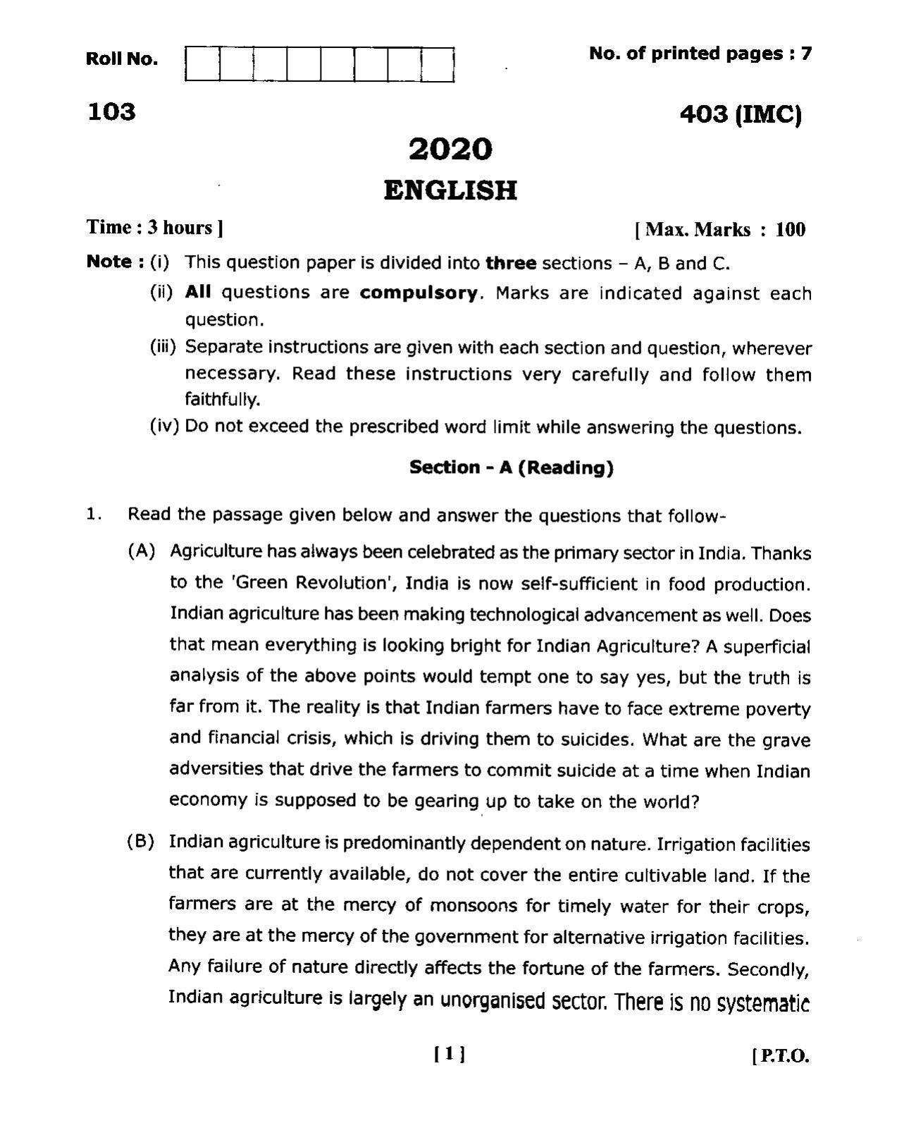 UBSE Class 12 English 2020 Question Paper - Page 1
