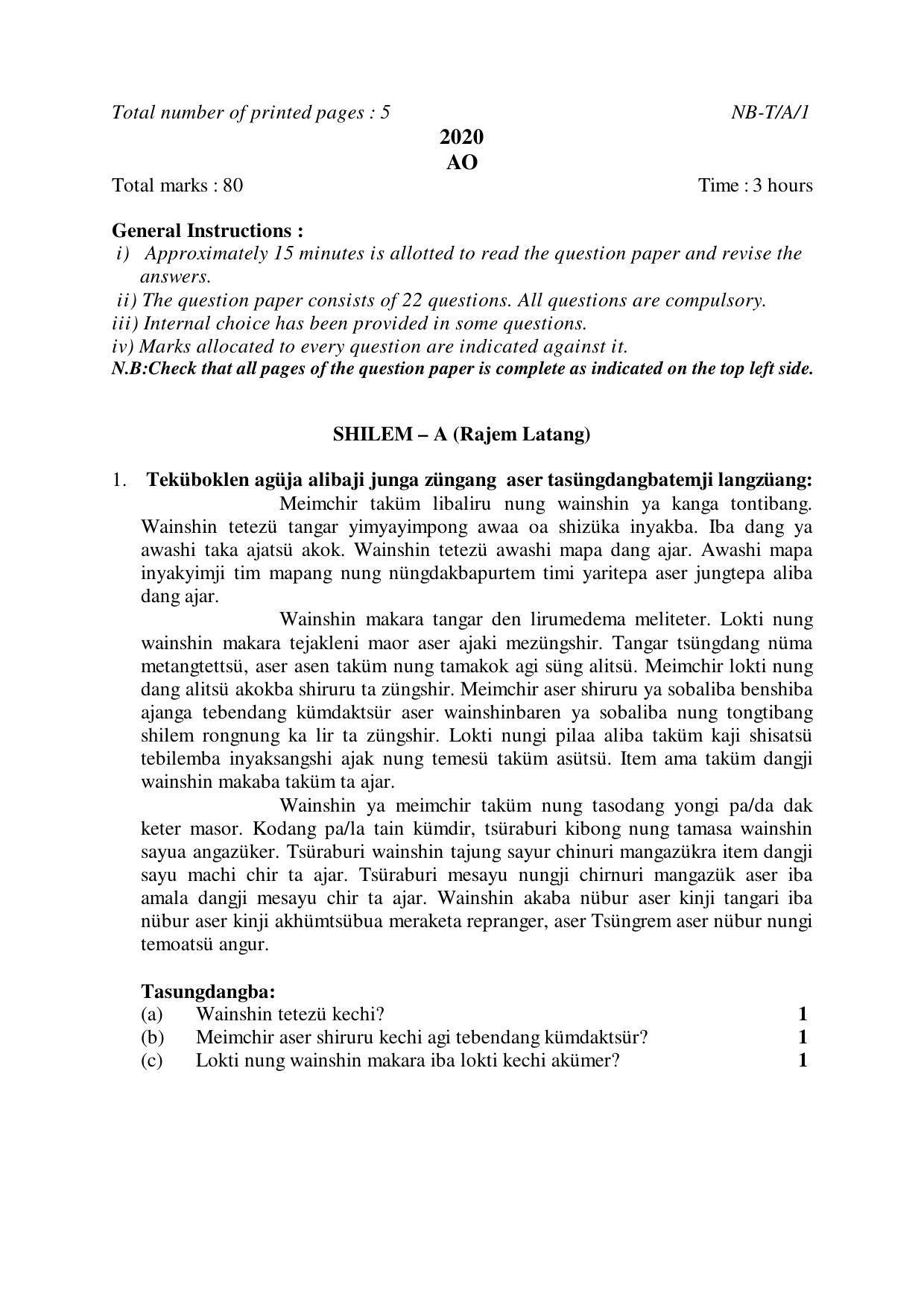 Nagaland Board Class 10 AO 2020 Question Paper - Page 1