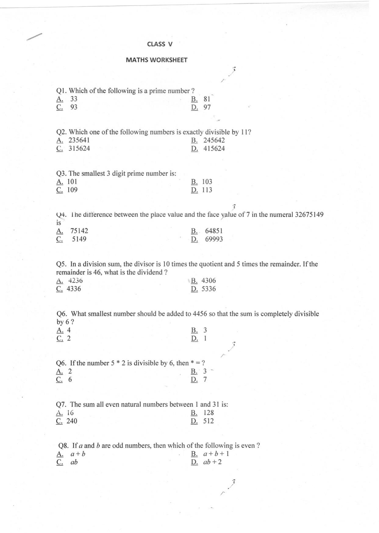 Worksheet for Class 5 Maths Assignment 25 - Page 1