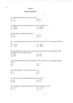 Worksheet for Class 5 Maths Assignment 25