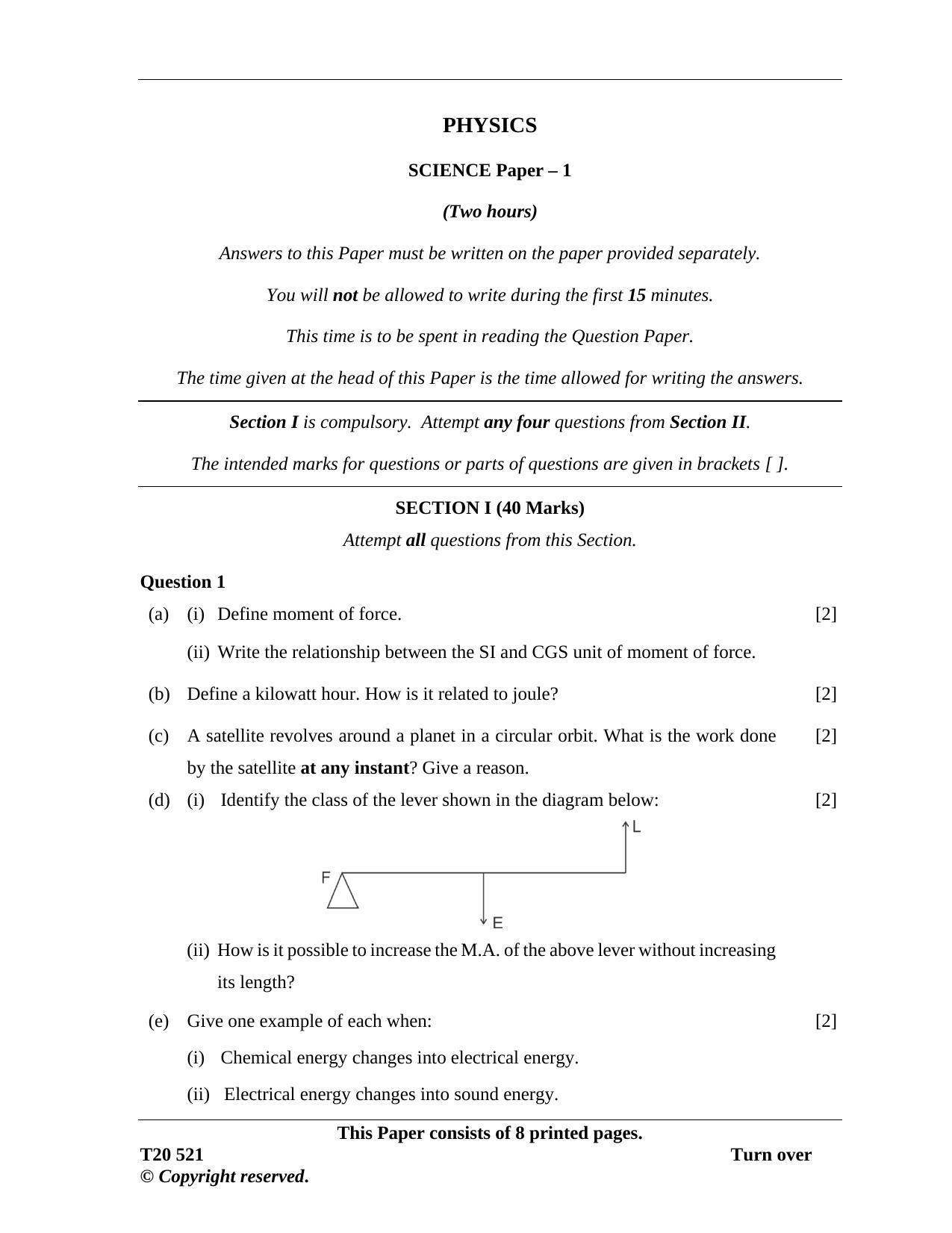 ICSE Class 10 Science Paper 1 (Physics) 2020 Question Paper - Page 1