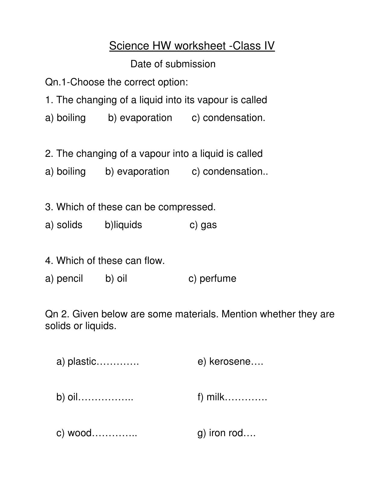 Worksheet for Class 4 Science Evaporation Assignment 2 - Page 1