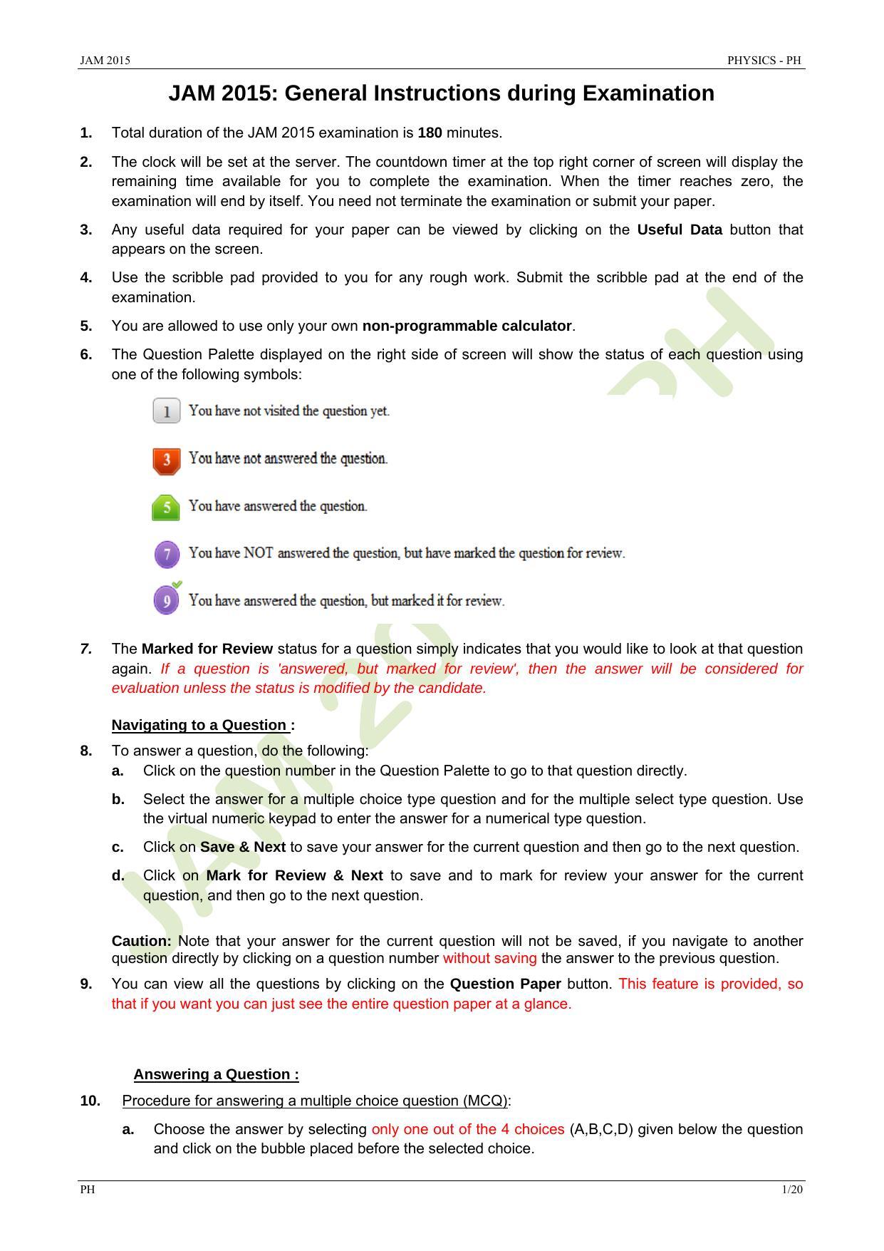 JAM 2015: PH Question Paper - Page 1