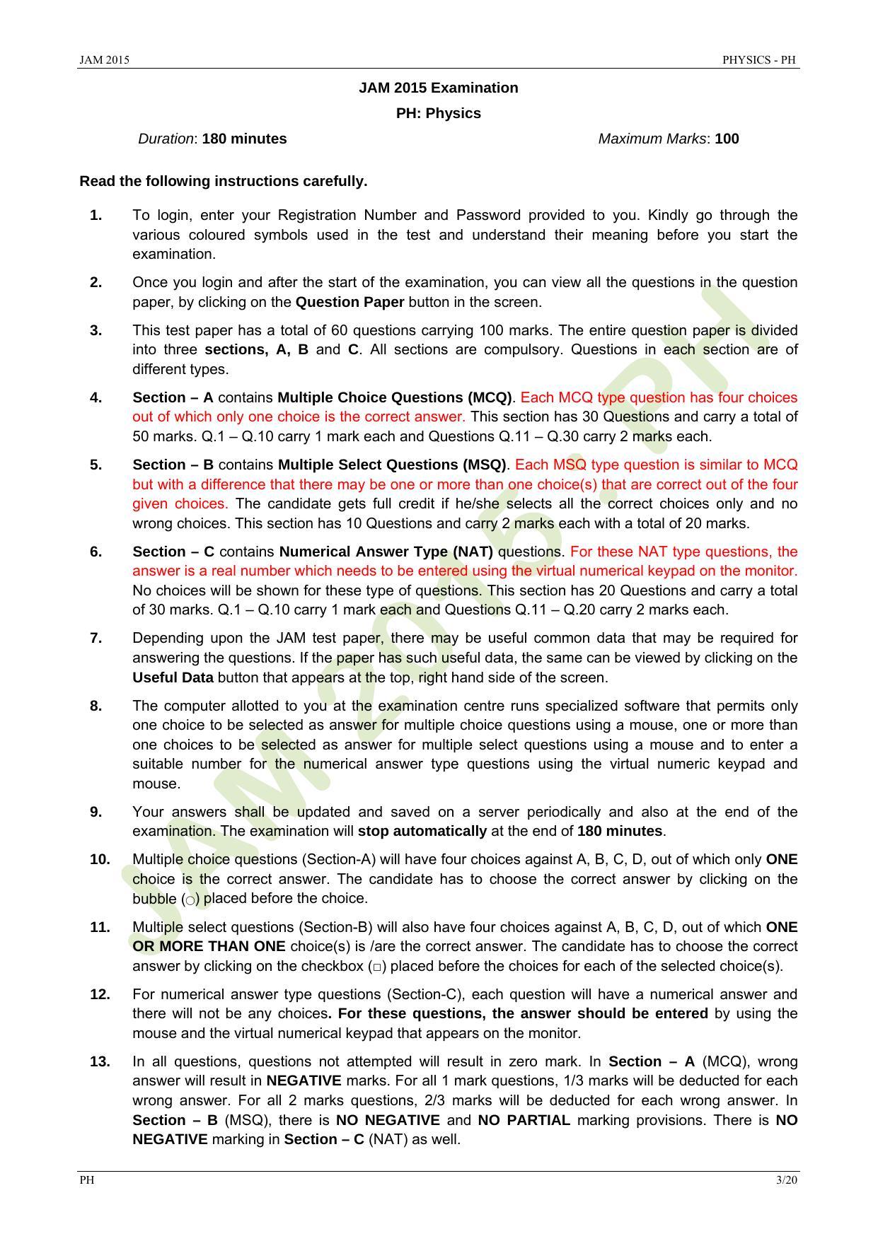 JAM 2015: PH Question Paper - Page 3