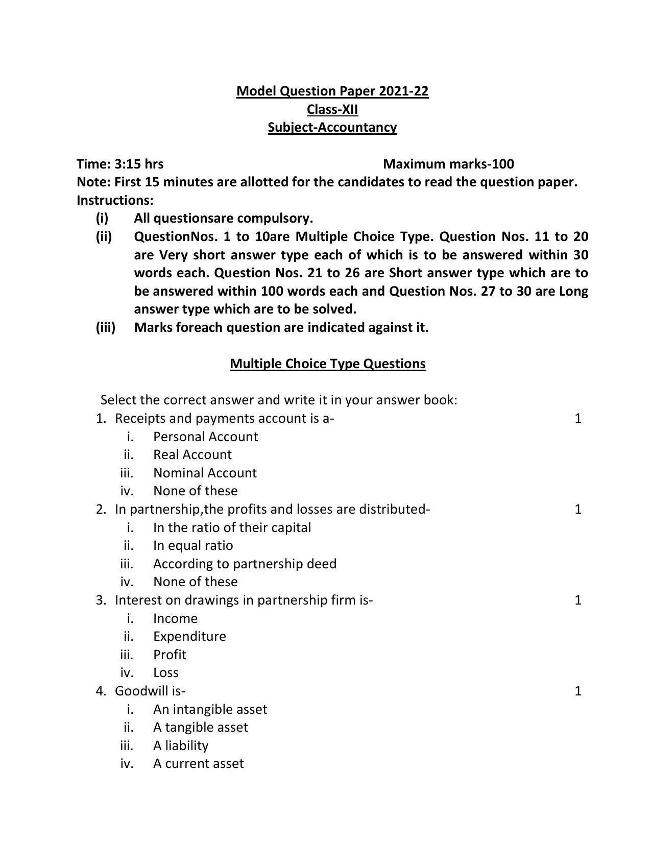 UP Board Class 12 Accountancy Model Papers 2023 - Page 1