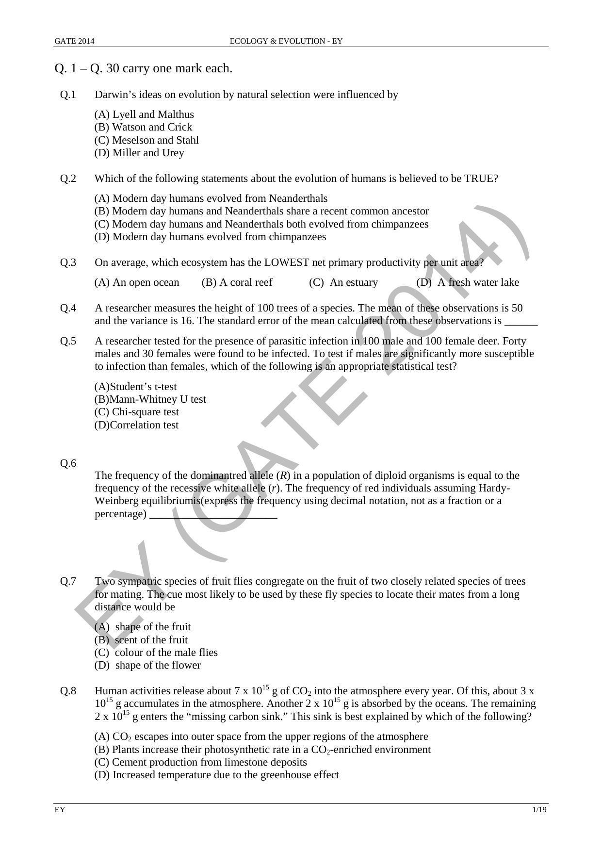 GATE 2014 Ecology and Evolution (EY) Question Paper with Answer Key - Page 7