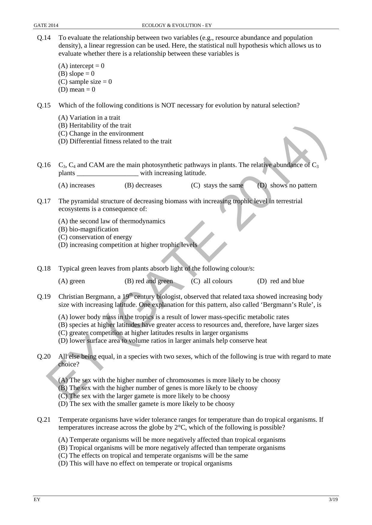 GATE 2014 Ecology and Evolution (EY) Question Paper with Answer Key - Page 9