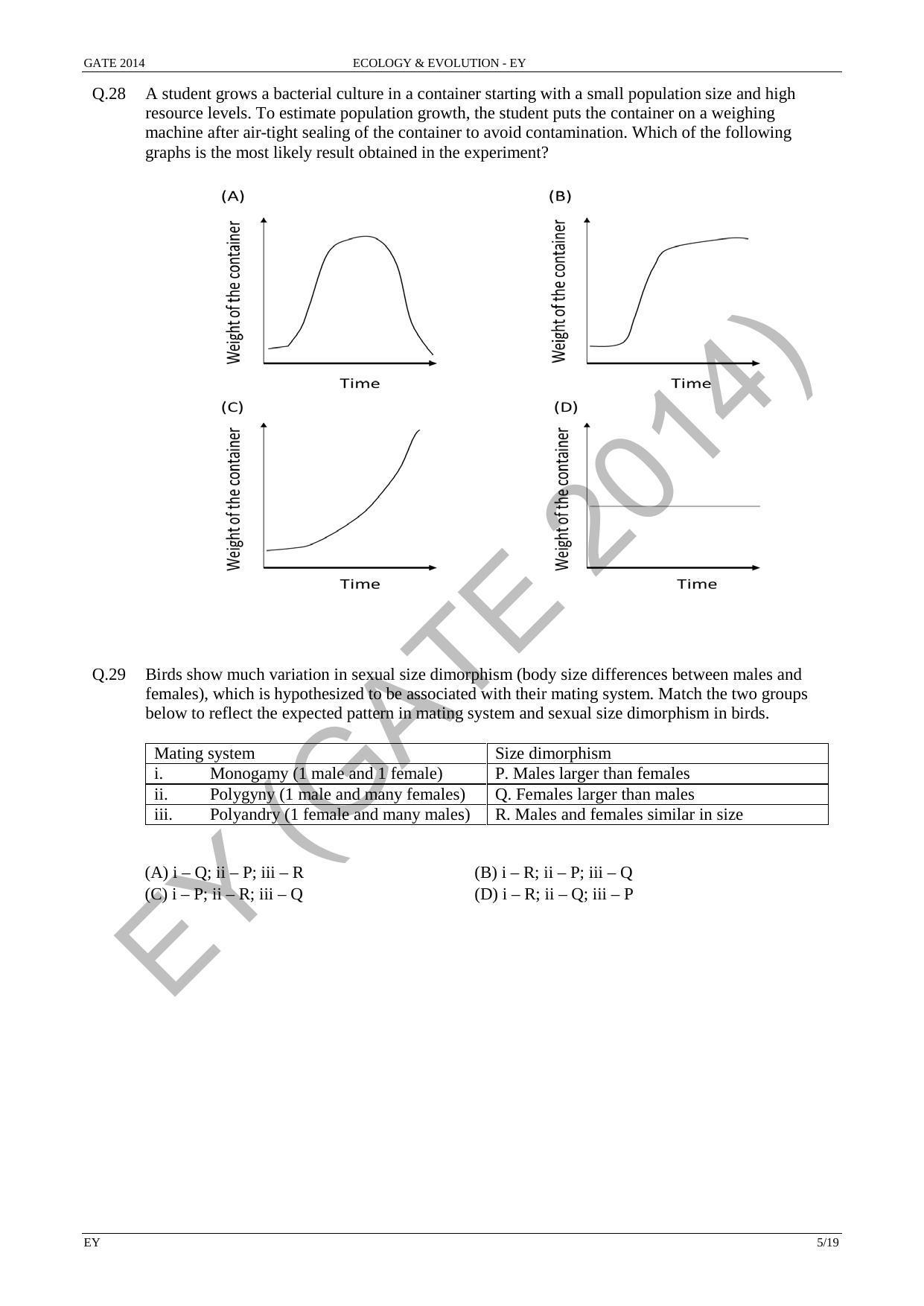 GATE 2014 Ecology and Evolution (EY) Question Paper with Answer Key - Page 11