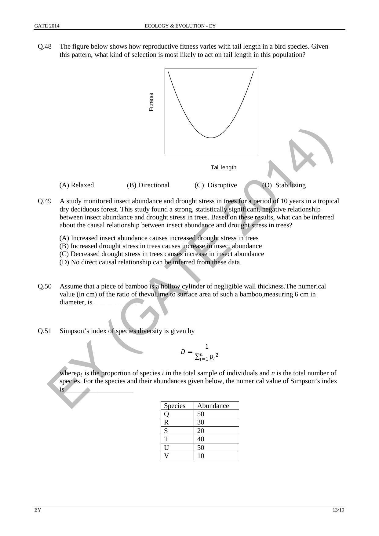 GATE 2014 Ecology and Evolution (EY) Question Paper with Answer Key - Page 19