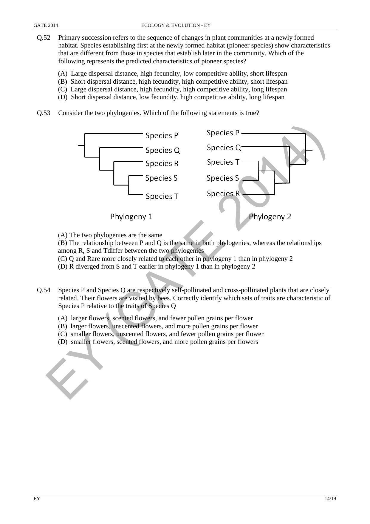 GATE 2014 Ecology and Evolution (EY) Question Paper with Answer Key - Page 20