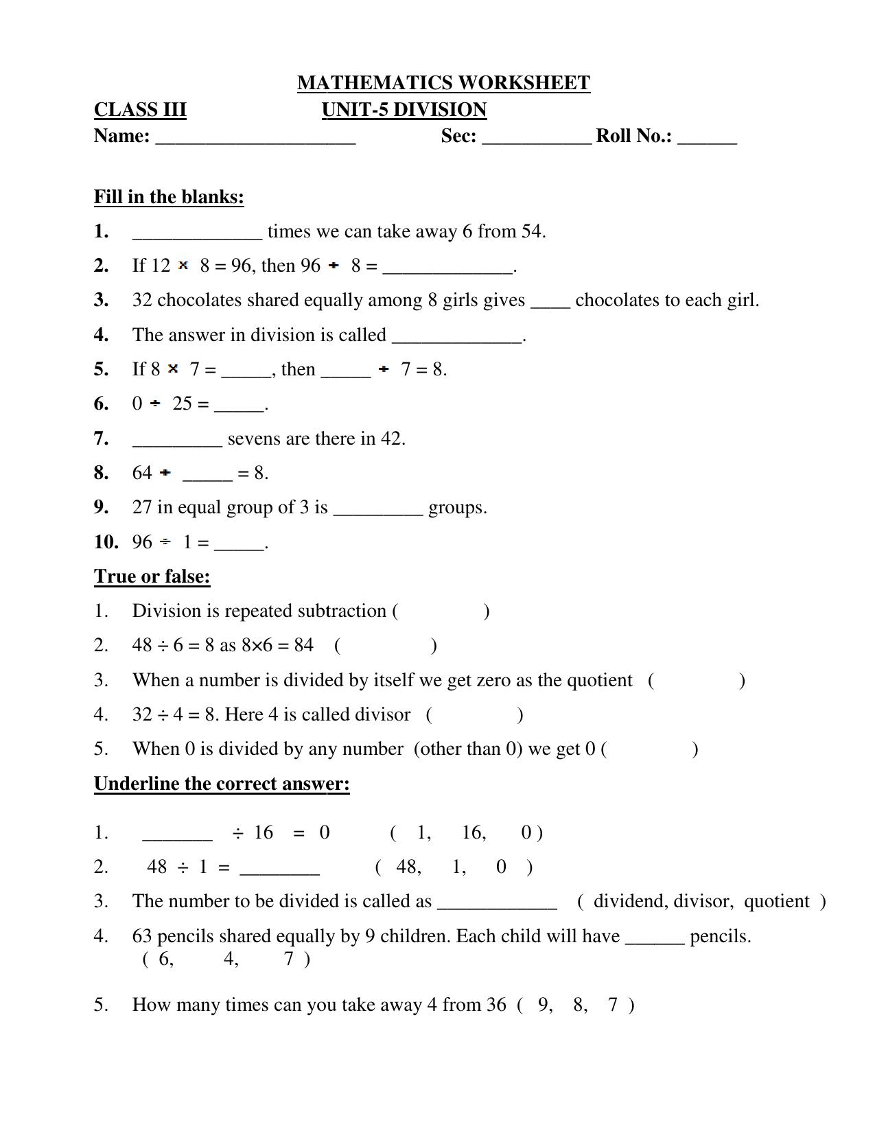 Worksheet for Class 3 Mathematics Division Assignment VIII - Page 1