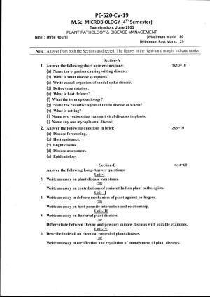 Bilaspur University Question Paper June 2022:M.Sc. Microbiology(Fourth Semester) plant pathology & Disease Management Paper 1