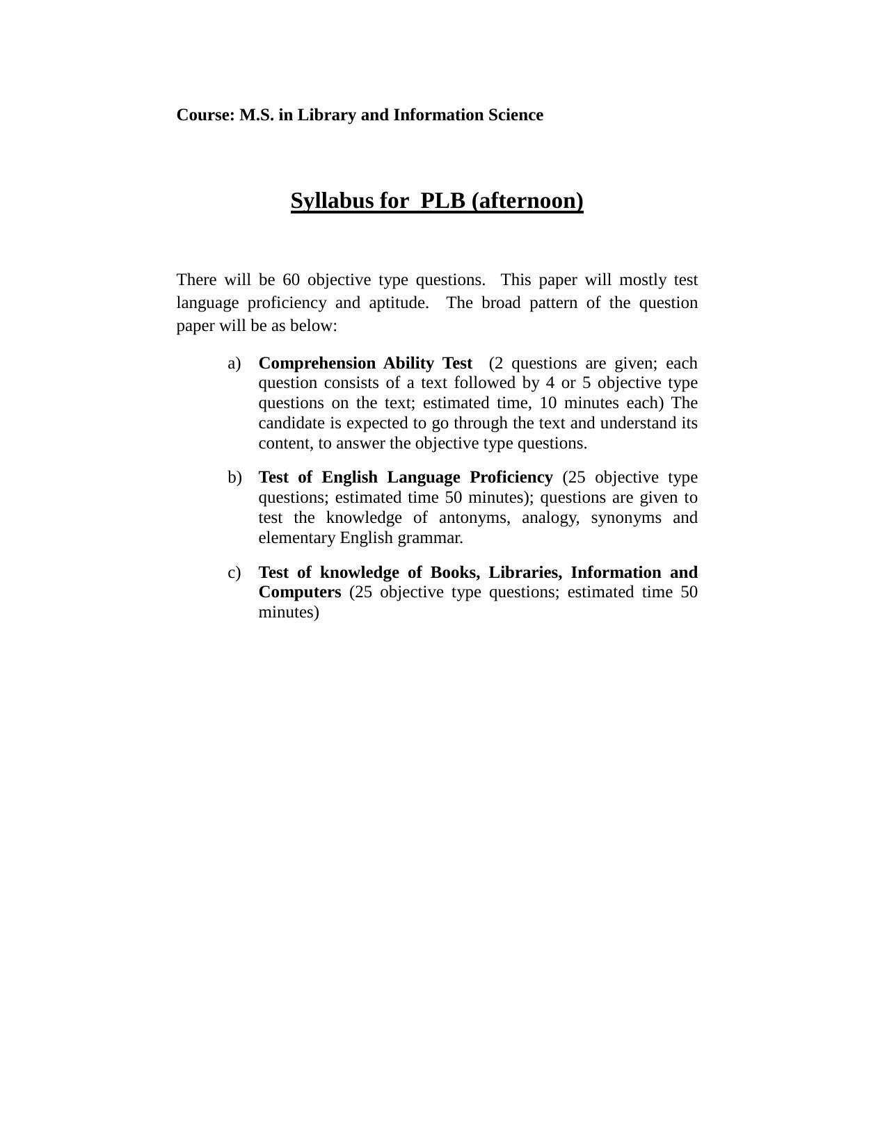 ISI Admission Test M.S (LIS) PLB 2016 Sample Paper - Page 1