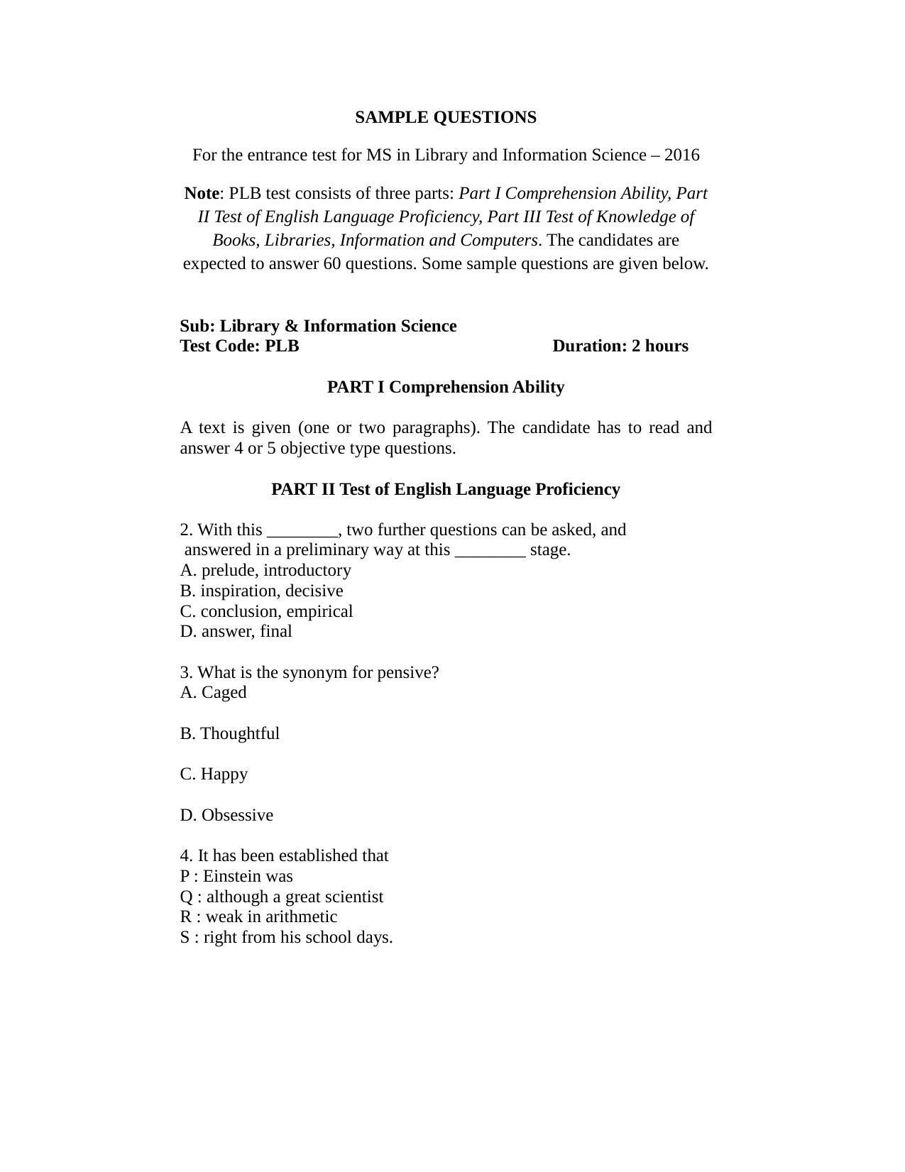 ISI Admission Test M.S (LIS) PLB 2016 Sample Paper - Page 2