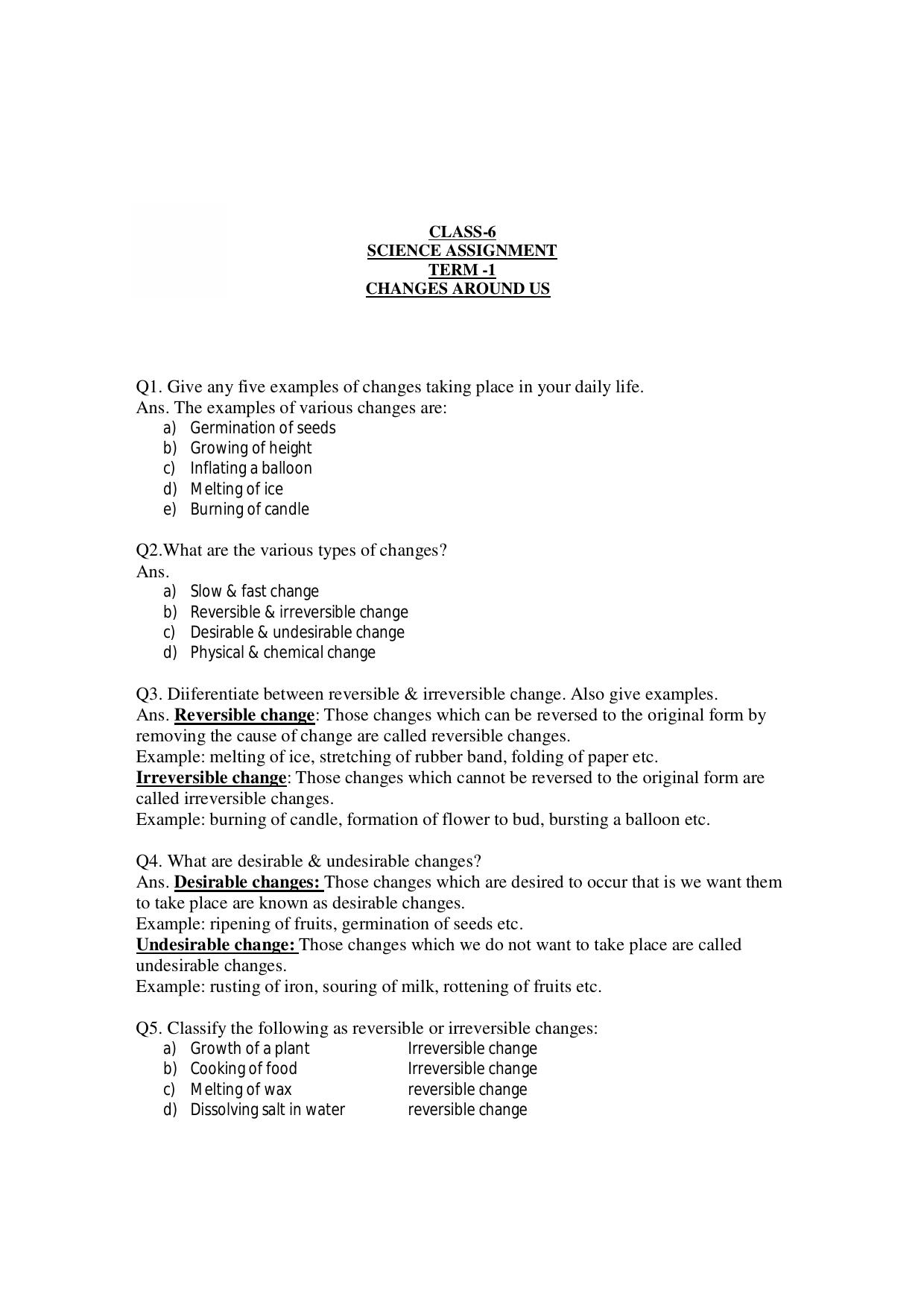 CBSE Worksheets for Class 6 Science Changes Around Us Assignment 3 - Page 1