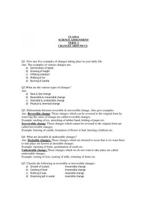 CBSE Worksheets for Class 6 Science Changes Around Us Assignment 3
