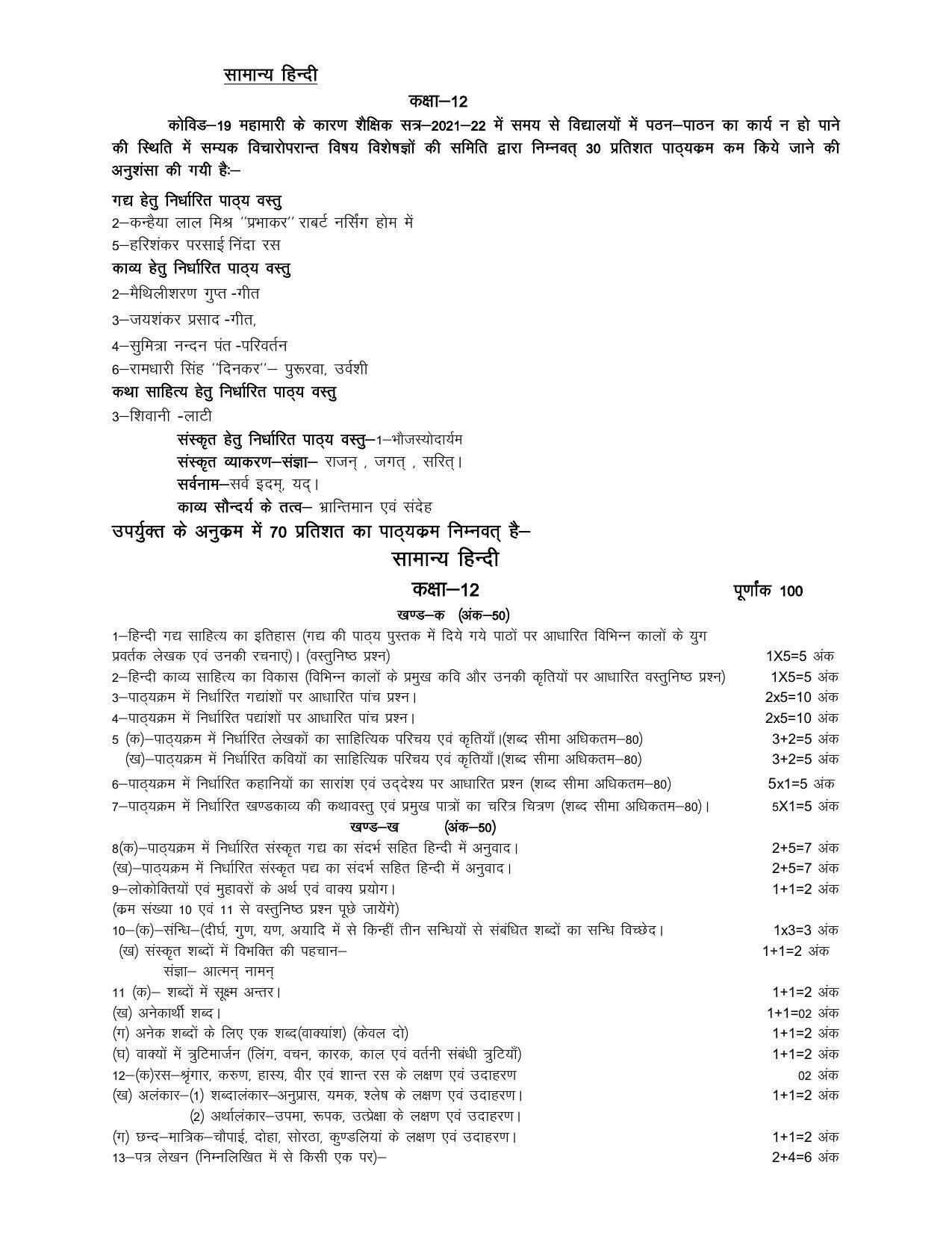 UP Board Class 12 Syllabus General Hindi - Page 1