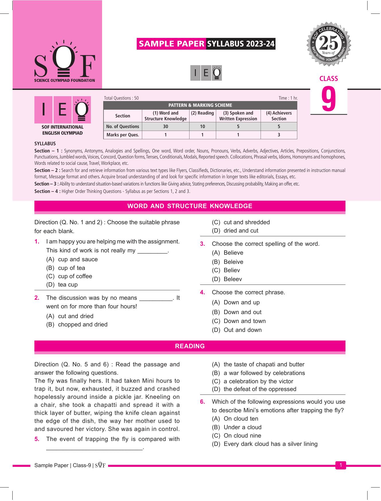 SOF IEO Class 9 (2023-2024) Sample Paper  - Page 1