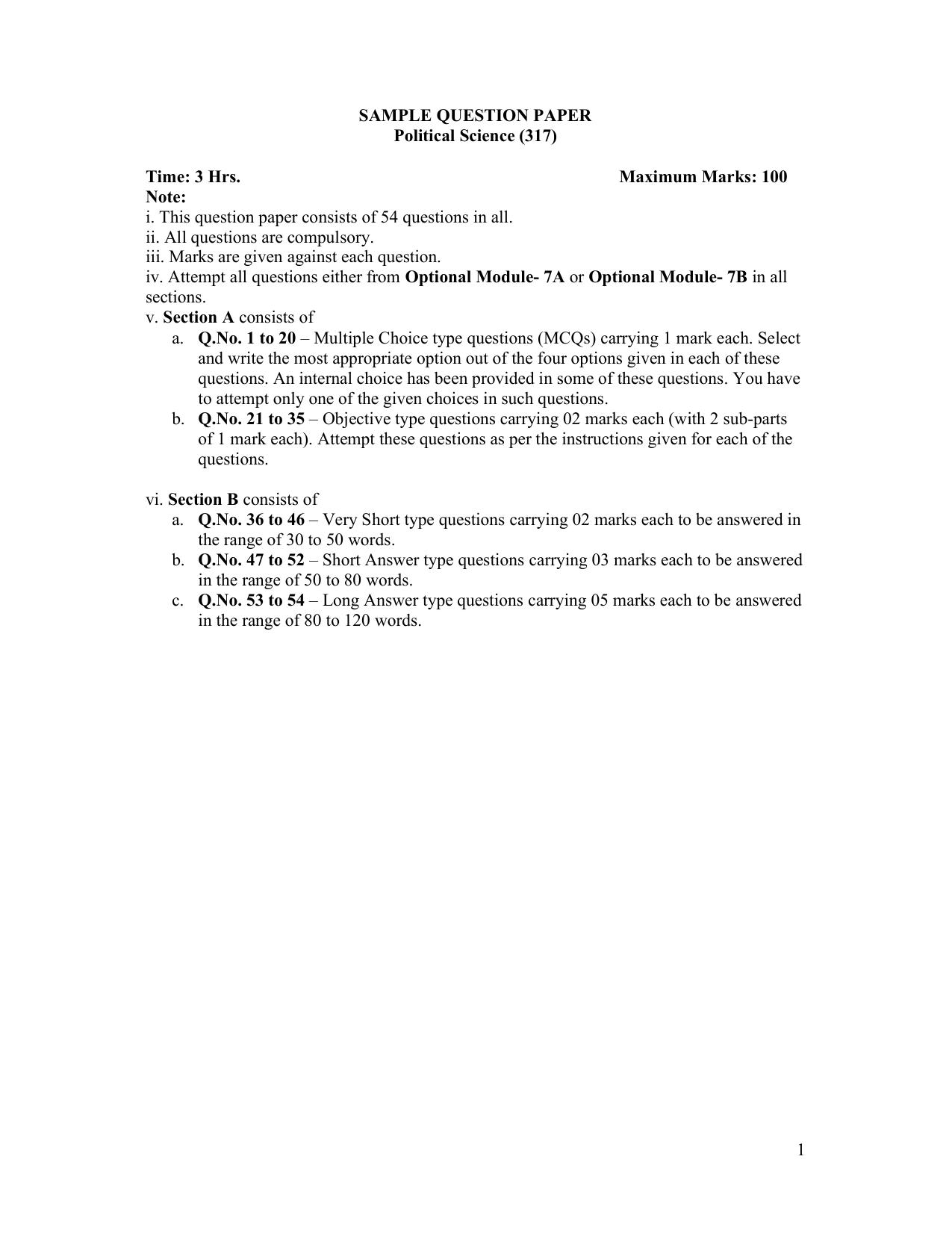 NIOS Class 12 Political Science Sample Paper - Page 1