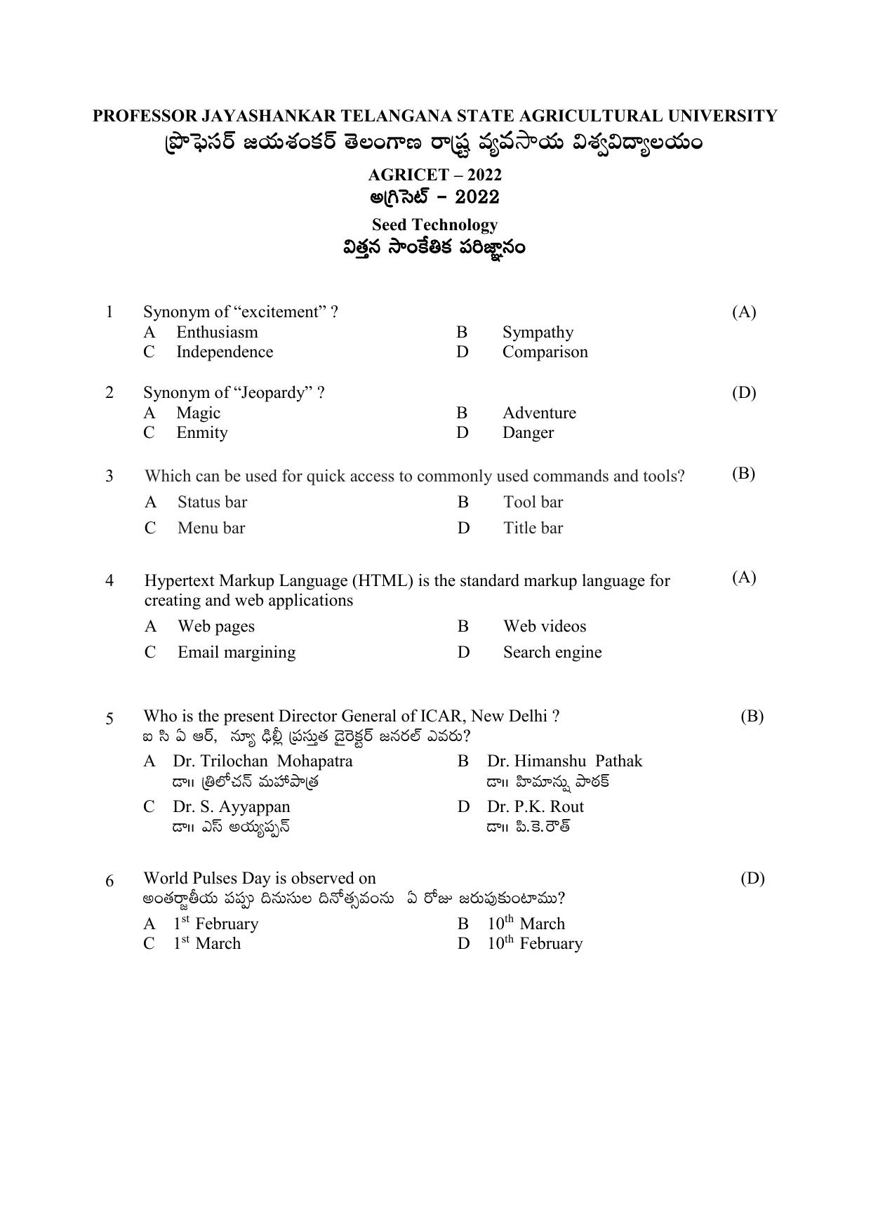 TS AGRICET 2022 Seed Technology PAPER WITH KEY - Page 1