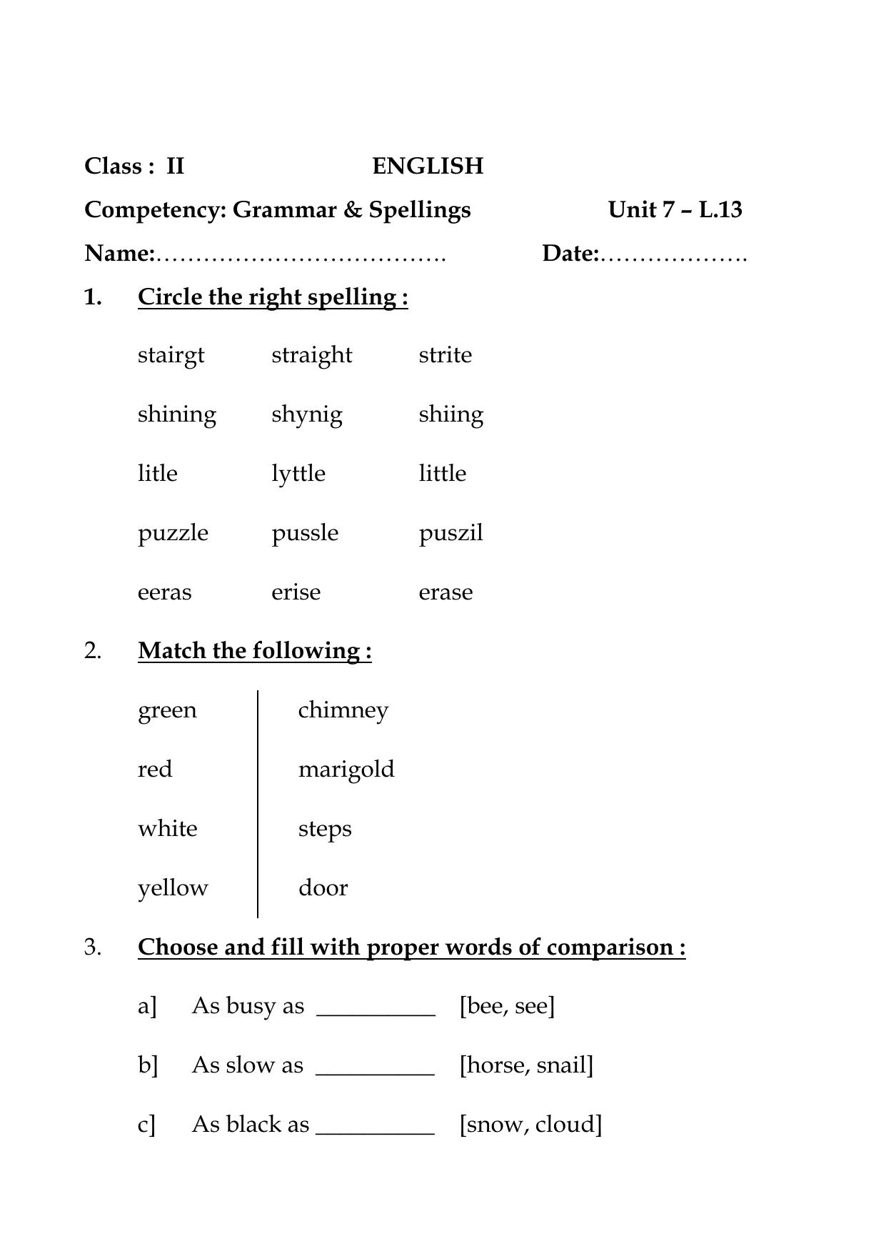 Worksheet for Class 2 English Assignment 31 lesson 13 - Page 1