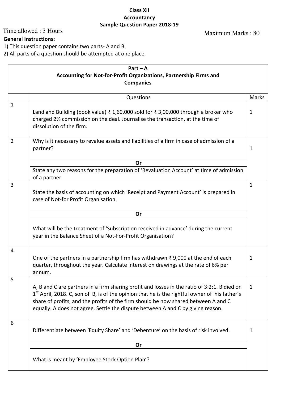 CBSE Class 12 Accountancy-Sample Paper 2018-19 - Page 1