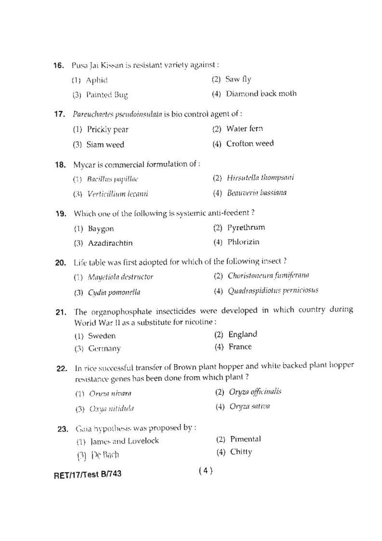 BHU RET(Agriculture) Entomology & Ag. Zoology 2017 Question Paper - Page 6
