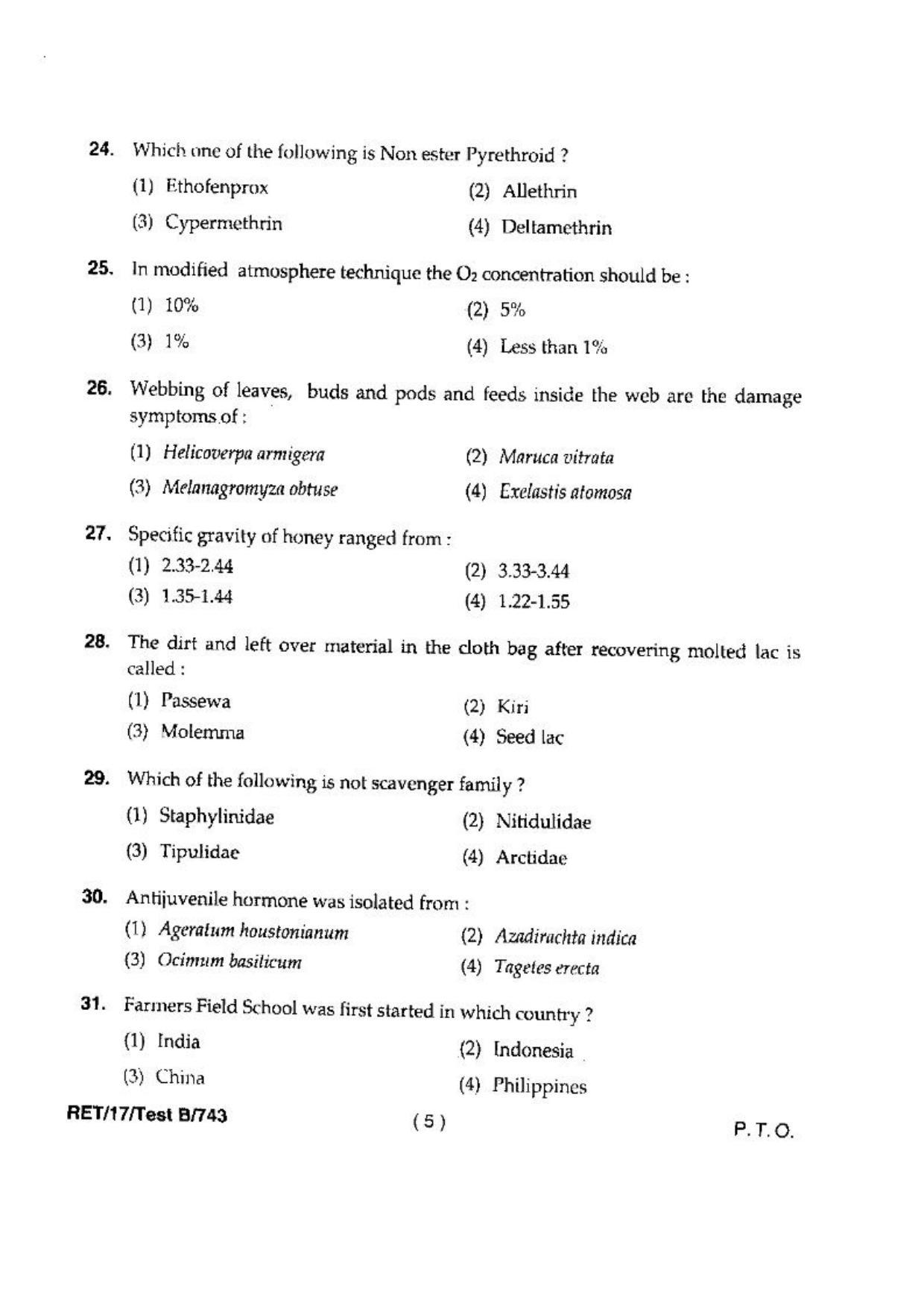 BHU RET(Agriculture) Entomology & Ag. Zoology 2017 Question Paper - Page 7
