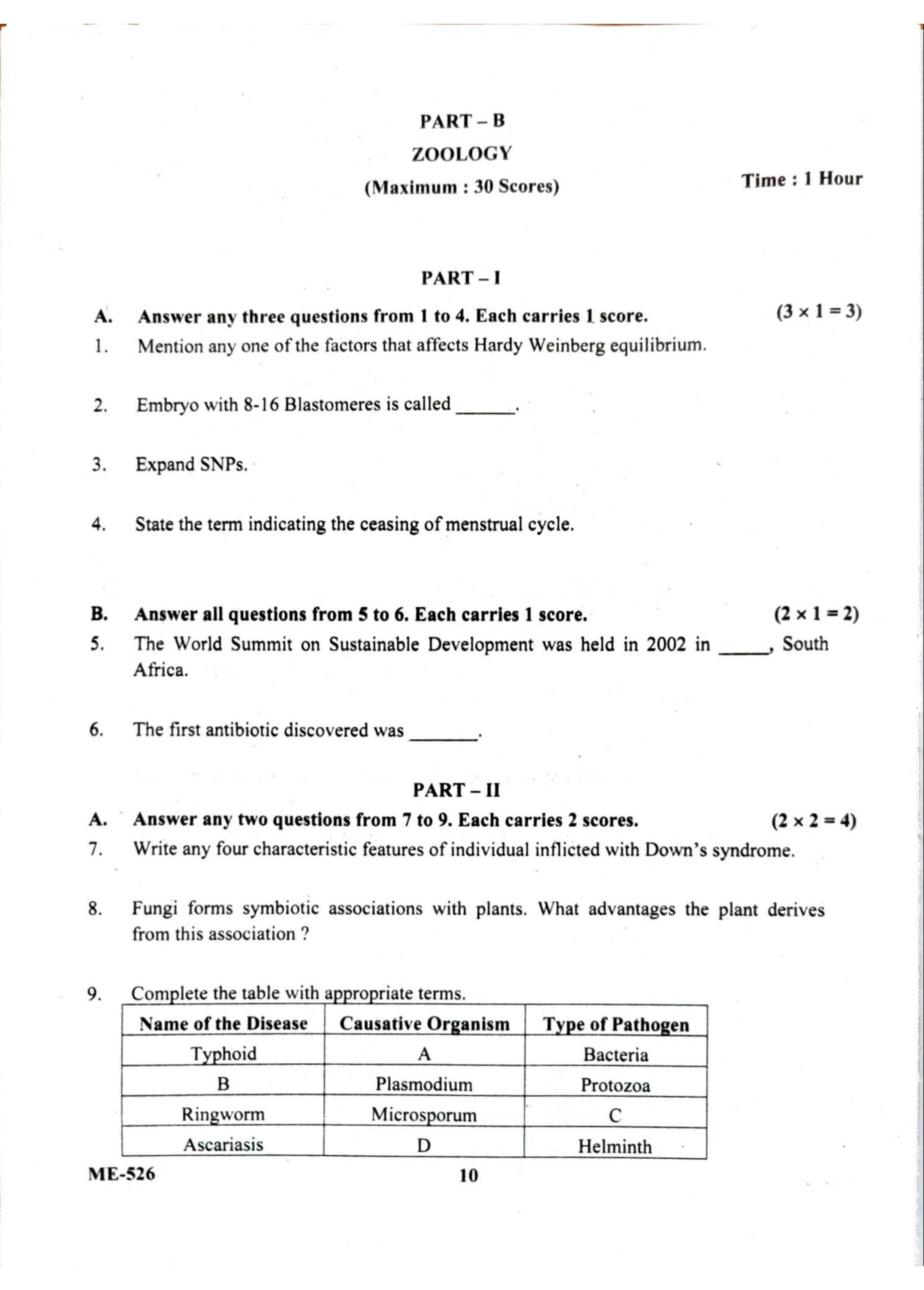 Kerala Plus Two 2022 Zoology Model Question Paper - Page 1