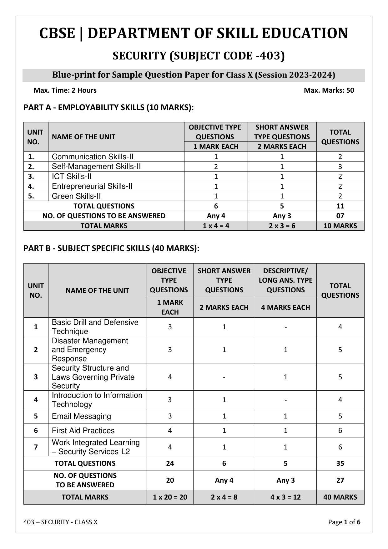 CBSE Class 10 (Skill Education) Security 2024 Sample Paper - Page 1