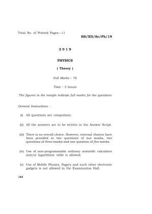 Meghalaya Board (MBOSE) Class 12 PHYSICS ( Theory ) 2019 Question Paper