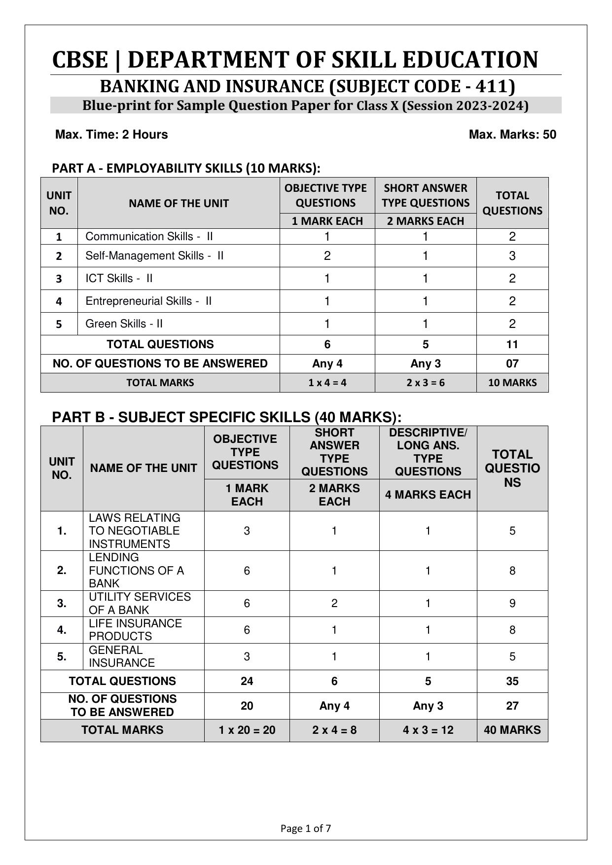 CBSE Class 10 (Skill Education) Banking & Insurance 2024 Sample Paper - Page 1