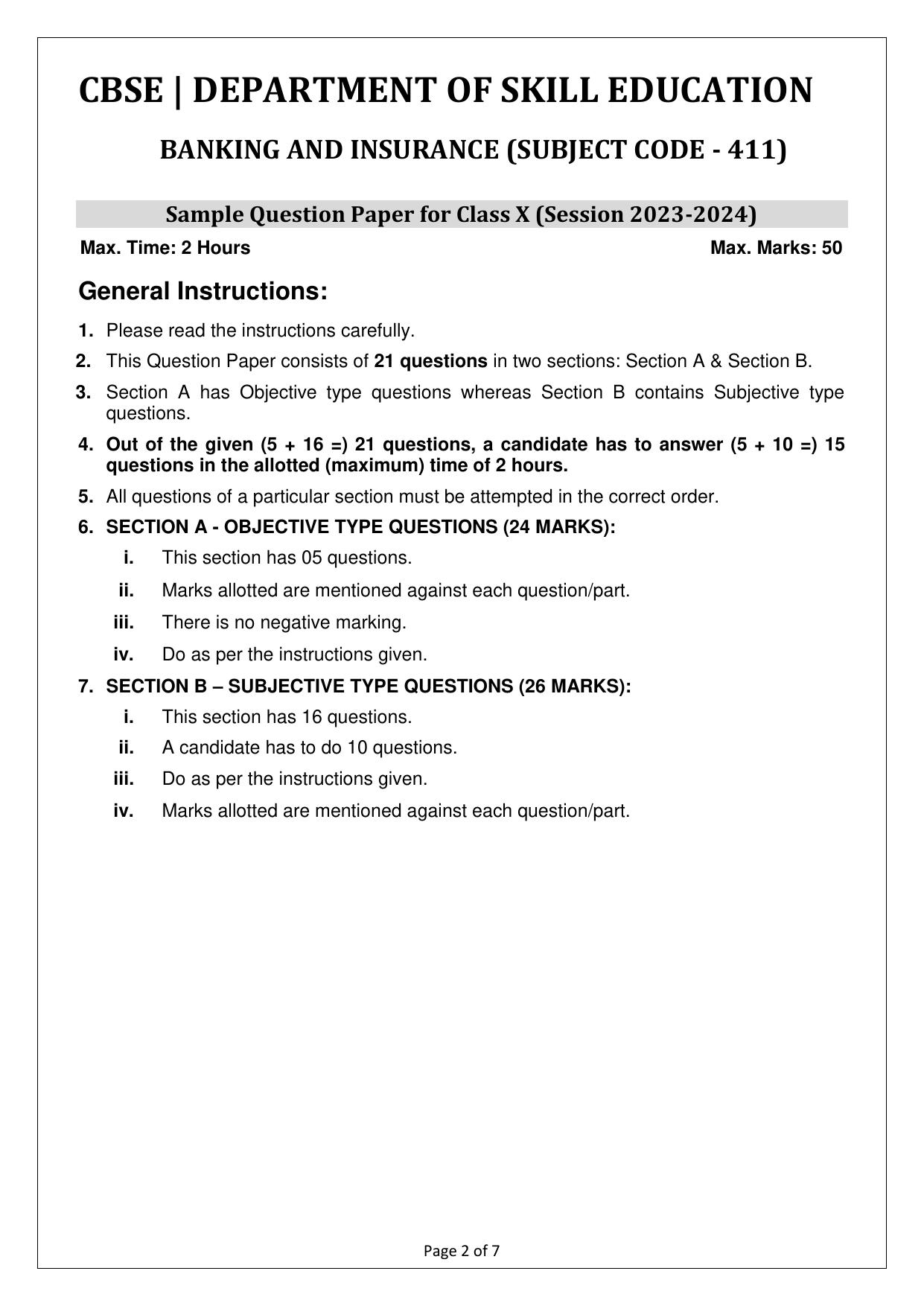 CBSE Class 10 (Skill Education) Banking & Insurance 2024 Sample Paper - Page 2
