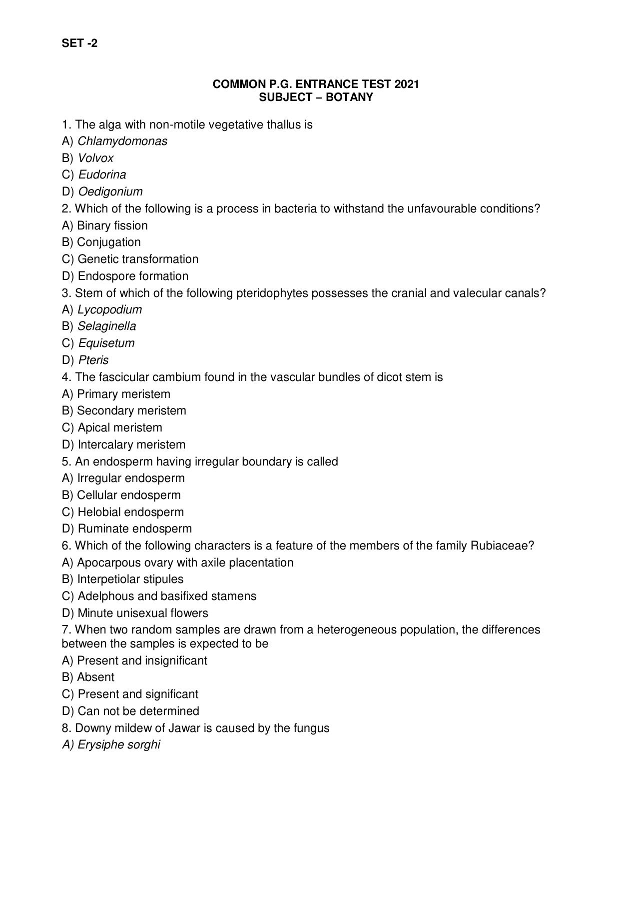 Odisha CPET BOTANY SET II 2021 Question Paper - Page 1