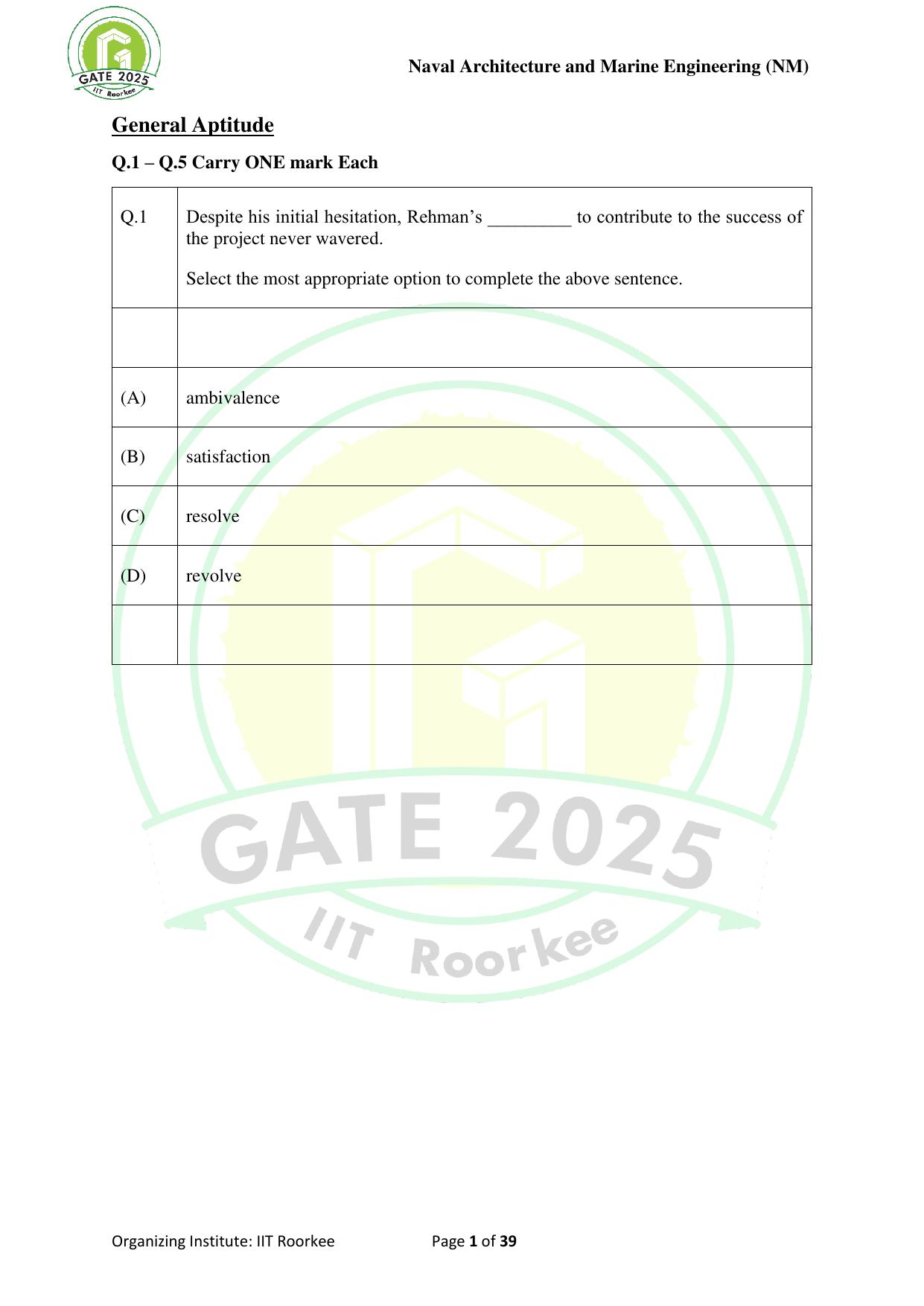 GATE 2025 Naval Architecture and Marine Engineering (NM) Question Paper - Page 1
