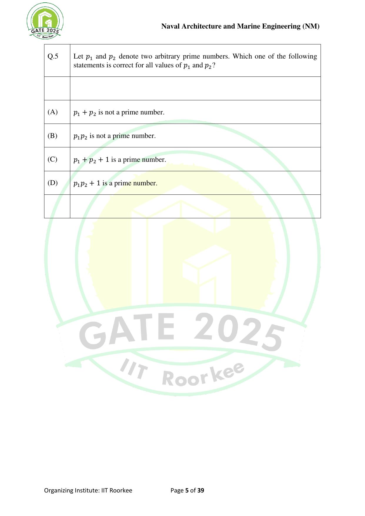 GATE 2025 Naval Architecture and Marine Engineering (NM) Question Paper - Page 5