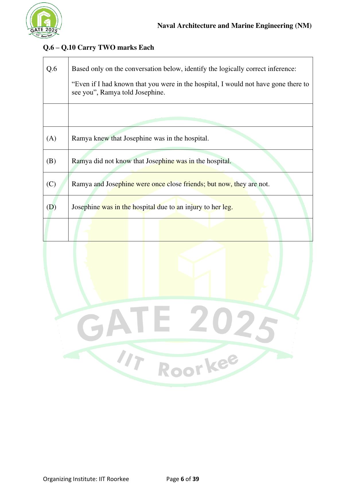 GATE 2025 Naval Architecture and Marine Engineering (NM) Question Paper - Page 6