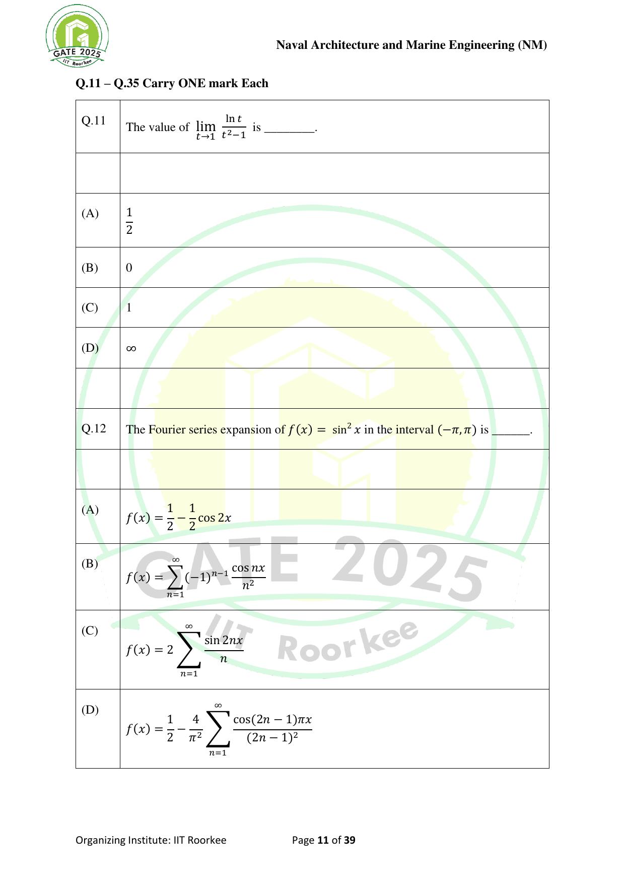 GATE 2025 Naval Architecture and Marine Engineering (NM) Question Paper - Page 11