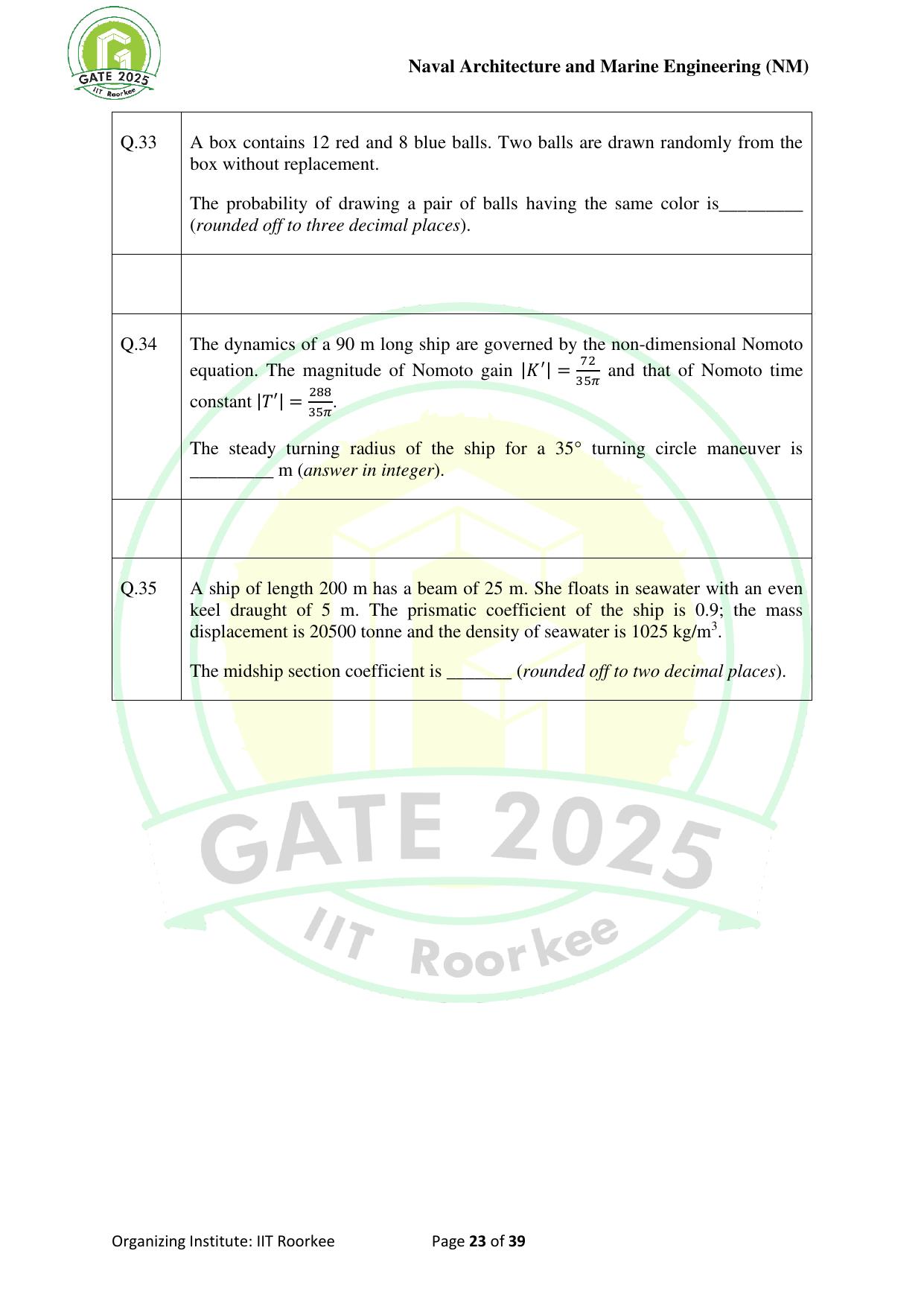 GATE 2025 Naval Architecture and Marine Engineering (NM) Question Paper - Page 23