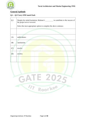 GATE 2025 Naval Architecture and Marine Engineering (NM) Question Paper